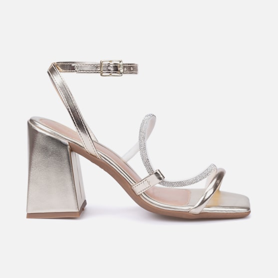 Sandália Dourada Salto Grosso Bloco Tiras Duplas De Strass