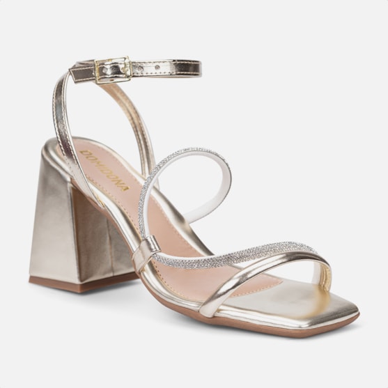 Segunda imagem do produto Sandália Dourada Salto Grosso Bloco Tiras Duplas De Strass