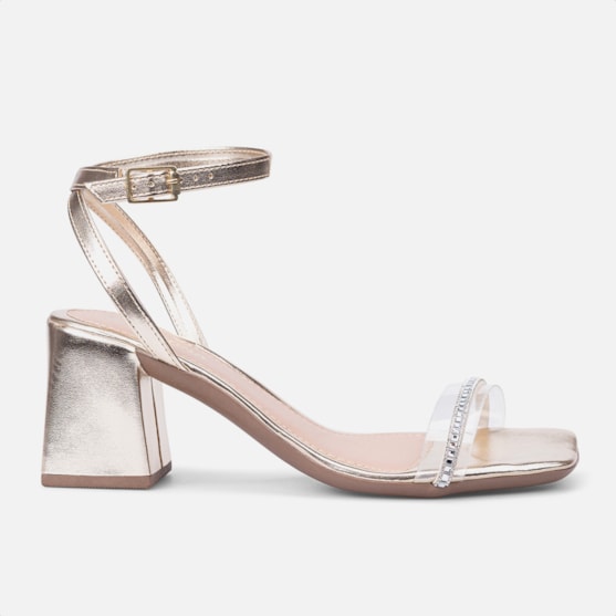 Sandália Dourada Tira Transparente De Strass Salto Bloco