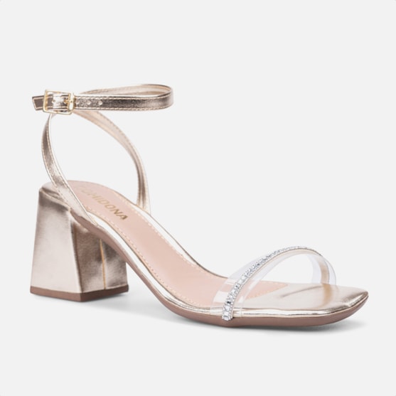 Segunda imagem do produto Sandália Dourada Tira Transparente De Strass Salto Bloco