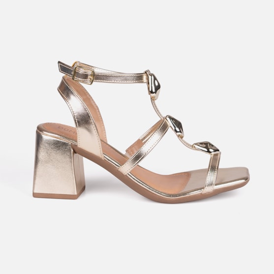 Sandália Dourado Salto Alto Grosso Tiras Finas Com ABS Metalizado