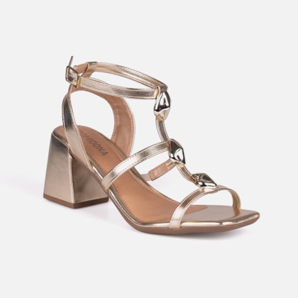 Segunda imagem do produto Sandália Dourado Salto Alto Grosso Tiras Finas Com ABS Metalizado