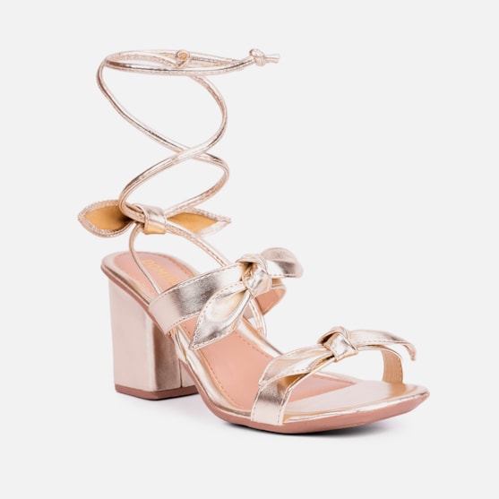 Segunda imagem do produto Sandália Feminina Amarração Salto Grosso Detalhe Laço Elegante Dourada