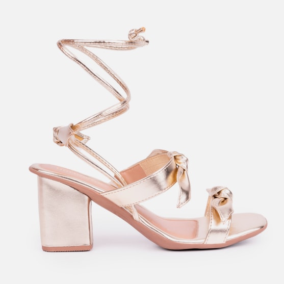 Sandália Feminina Amarração Salto Grosso Detalhe Laço Elegante Dourada