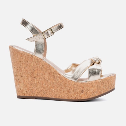 Sandália Feminina Anabela Dourada Plataforma Tira Em Laço