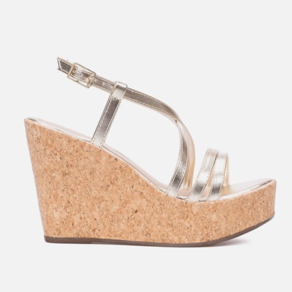 Sandália Feminina Anabela Dourada Salto Plataforma Cortiça