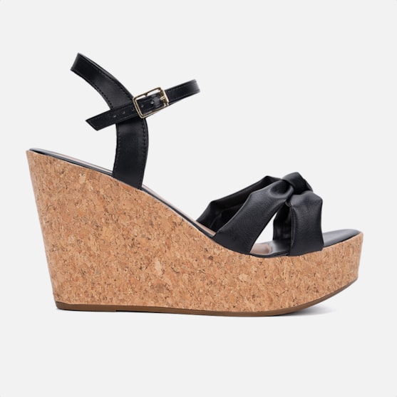 Sandália Feminina Anabela Preta Plataforma Tira Em Laço