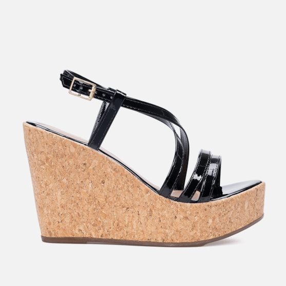 Sandália Feminina Anabela Preta Salto Plataforma Cortiça