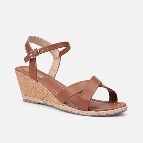 Segunda imagem do produto Sandália Feminina Anabela Salto Cortiça Tiras Simples Caramelo