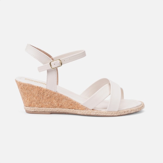 Sandália Feminina Anabela Salto Cortiça Tiras Simples Off White