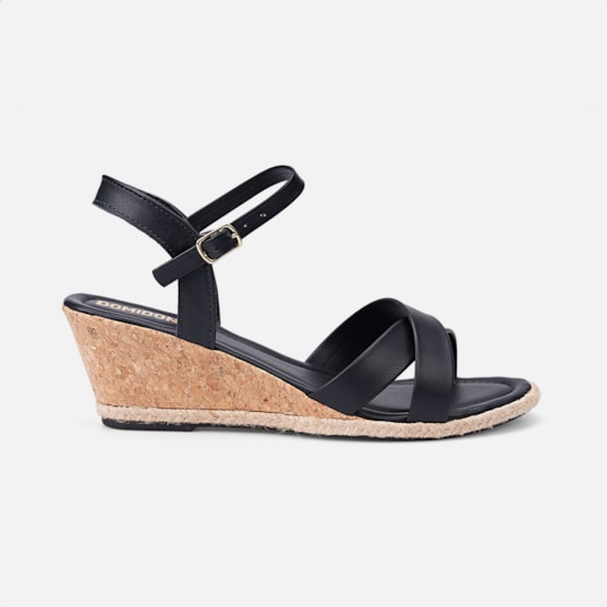 Sandália Feminina Anabela Salto Cortiça Tiras Simples Preta