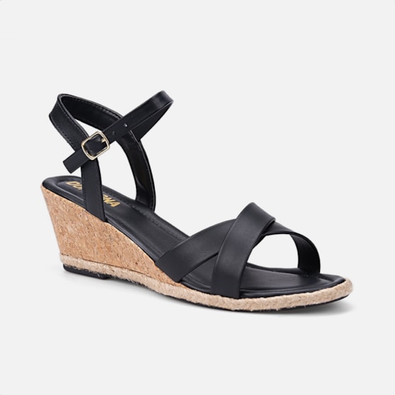 Segunda imagem do produto Sandália Feminina Anabela Salto Cortiça Tiras Simples Preta