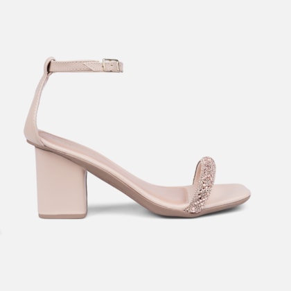 Sandália Feminina Bico Quadrado Salto Bloco Tira De Strass Nude