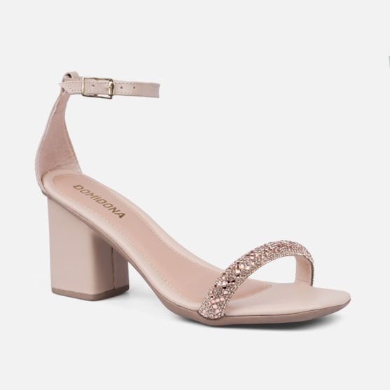 Segunda imagem do produto Sandália Feminina Bico Quadrado Salto Bloco Tira De Strass Nude