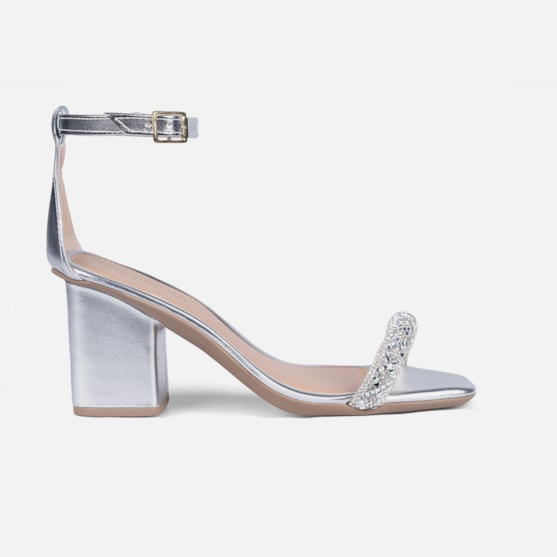 Sandália Feminina Bico Quadrado Salto Bloco Tira De Strass Prata