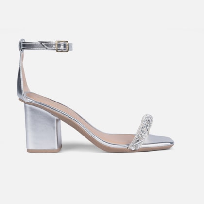 Sandália Feminina Bico Quadrado Salto Bloco Tira De Strass Prata