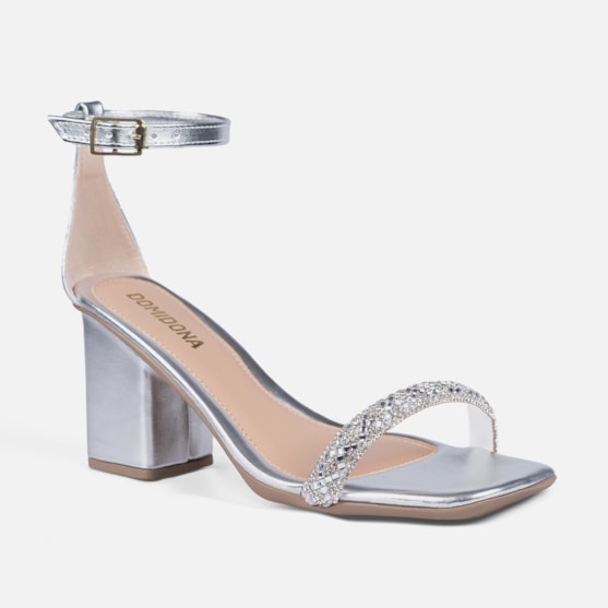 Segunda imagem do produto Sandália Feminina Bico Quadrado Salto Bloco Tira De Strass Prata