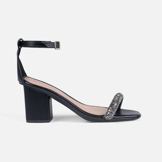 Sandália Feminina Bico Quadrado Salto Bloco Tira De Strass Preta