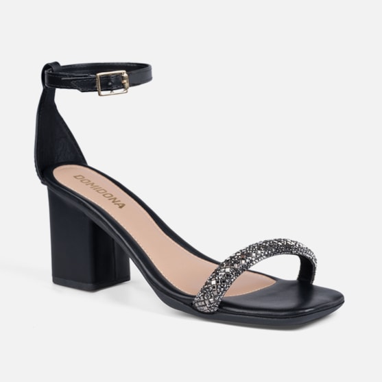 Segunda imagem do produto Sandália Feminina Bico Quadrado Salto Bloco Tira De Strass Preta