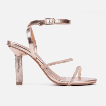 Sandália Feminina Bronze Tira Com Fivela Salto Alto De Strass