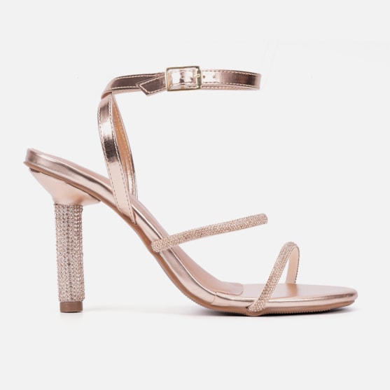 Sandália Feminina Bronze Tira Com Fivela Salto Alto De Strass