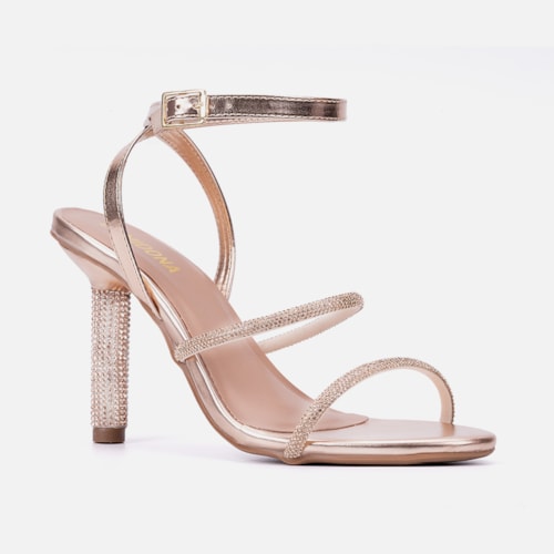 Sandália Feminina Bronze Tira Com Fivela Salto Alto De Strass