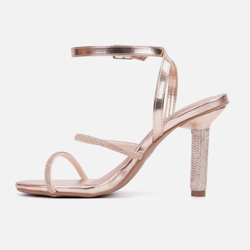 Sandália Feminina Bronze Tira Com Fivela Salto Alto De Strass