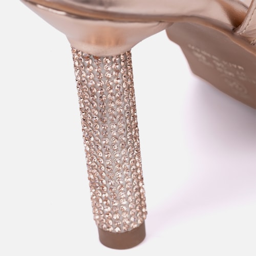 Sandália Feminina Bronze Tira Com Fivela Salto Alto De Strass