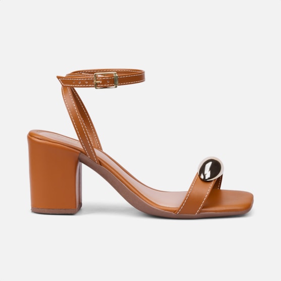 Sandália Feminina Caramelo Salto Alto Tira Com ABS Metalizado