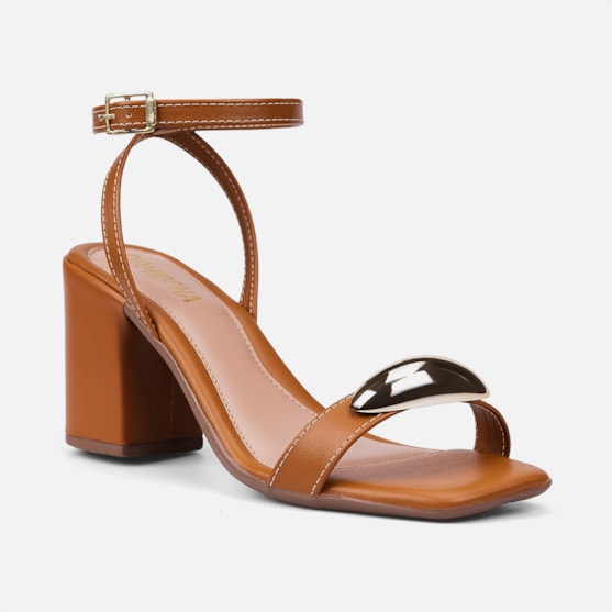 Segunda imagem do produto Sandália Feminina Caramelo Salto Alto Tira Com ABS Metalizado