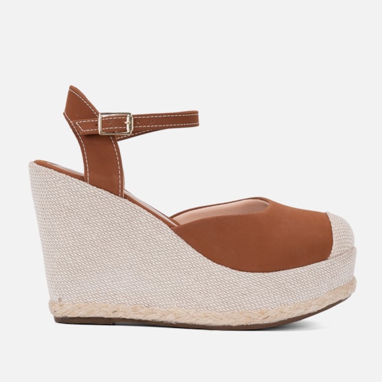 Sandália Feminina Caramelo Salto Anabela Bico Fechado