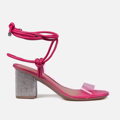 Sandália Feminina De Amarração Salto Bloco Brilhante Vinil Rosa