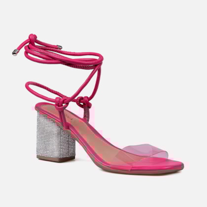 Segunda imagem do produto Sandália Feminina De Amarração Salto Bloco Brilhante Vinil Rosa