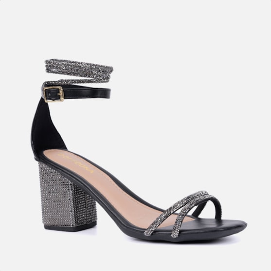Segunda imagem do produto Sandália Feminina De Amarração Salto Bloco E Tiras De Strass Preto
