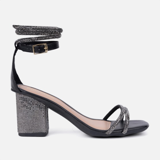 Sandália Feminina De Amarração Salto Bloco E Tiras De Strass Preto