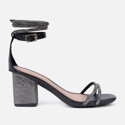 Sandália Feminina De Amarração Salto Bloco E Tiras De Strass Preto