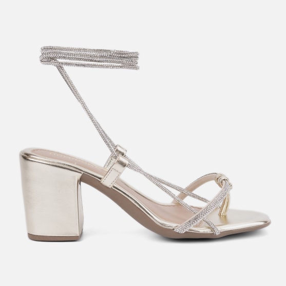 Sandália Feminina De Amarração Tiras Strass Salto Alto Grosso