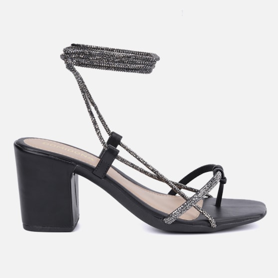 Sandália Feminina De Amarração Tiras Strass Salto Alto Grosso