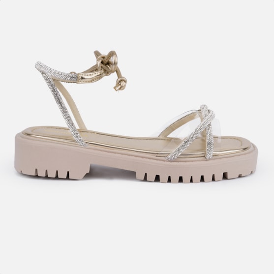 Sandália Feminina De Amarração Tratorada Tiras Strass E Vinil Dourado