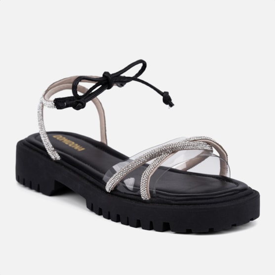 Segunda imagem do produto Sandália Feminina De Amarração Tratorada Tiras Strass E Vinil Preto