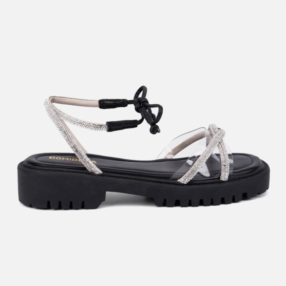 Sandália Feminina De Amarração Tratorada Tiras Strass E Vinil Preto