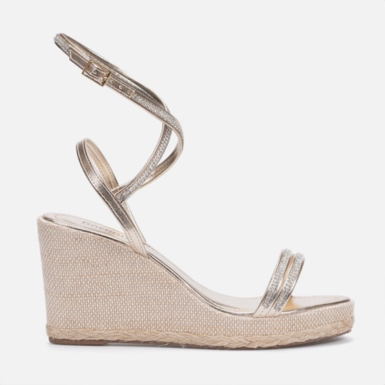 Sandália Feminina Dourada Anabela Salto Corda Tiras Strass