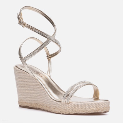 Segunda imagem do produto Sandália Feminina Dourada Anabela Salto Corda Tiras Strass
