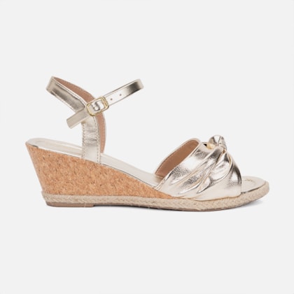 Sandália Feminina Dourada Estilo Anabela Tira De Laço