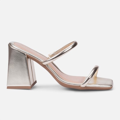 Sandália Feminina Dourada Salto Alto Bloco Tiras Duplas