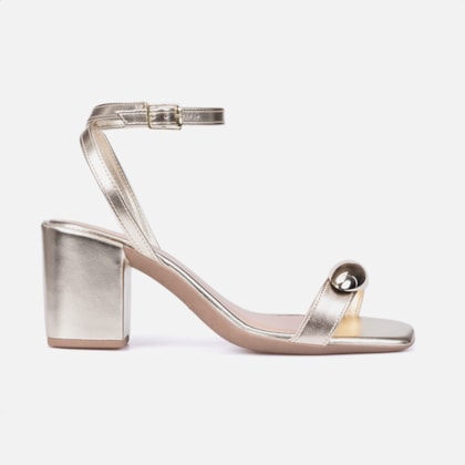 Sandália Feminina Dourada Salto Alto Tira Com ABS Metalizado