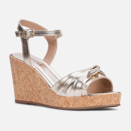 Segunda imagem do produto Sandália Feminina Dourada Salto Anabela Laço Delicado