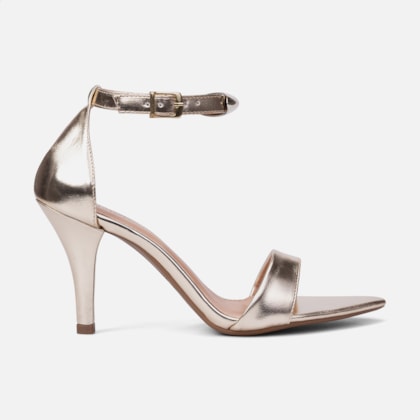 Sandália Feminina Dourada Salto Fino Enfeite Metalizado