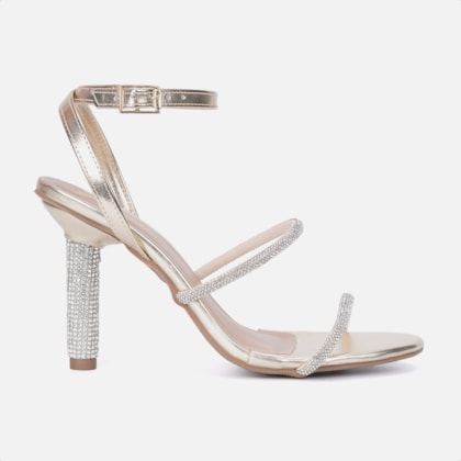 Sandália Feminina Dourada Tira Com Fivela Salto Alto De Strass