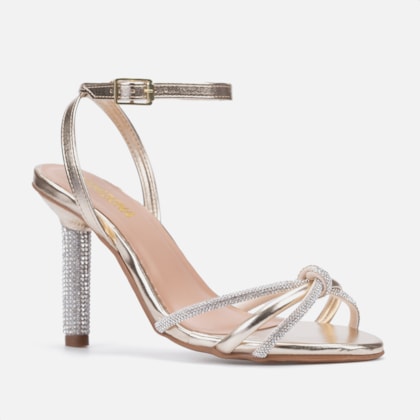 Segunda imagem do produto Sandália Feminina Dourada Tira De Laço E Salto De Strass